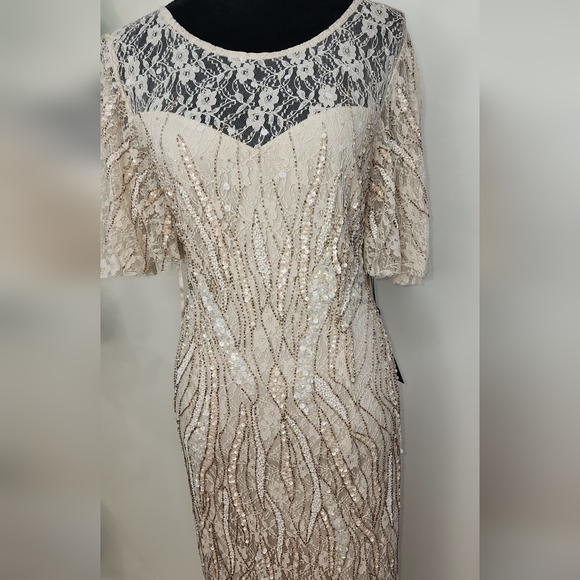 Adrianna papell embellished sequined lace column gown with Flutter sleev… - Picture 14 of 16